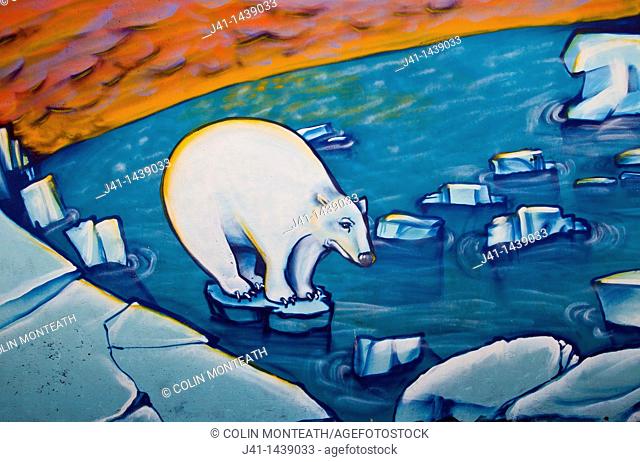 Street art, graffiti, polar bear on melting ice floe, global warming threat looms on horizon, Christchurch, New Zealand