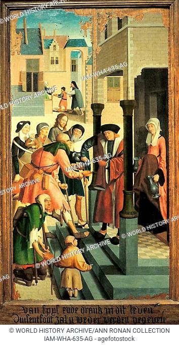 The Seven Works of Mercy by Master of Alkmaar (active 1490-1510), Alkmaar, 1504, oil on panel. A Dutch city is the backdrop to this narrative that shows how a...