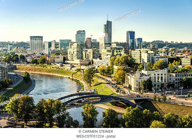 Lithuania, Vilnius, view to the modern city of Vilnius with Europa Tower and Neris River in the foreground