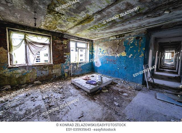Interior of hospital, former officers hotel in Skrunda-1 ghost town, former site of Soviet Dnepr radar station near Skrunda town in Latvia