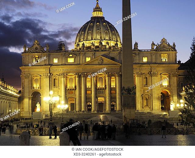 Piazza San Pietro and Saint Peter's Basilica at night, Rome, Italy
