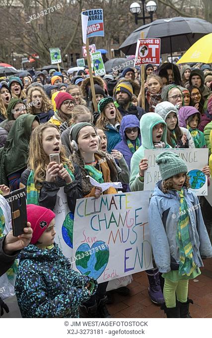 Ann Arbor, Michigan, USA - 15 March 2019 - Students rallied at the University of Michigan as part of an international strudent strike against climate change