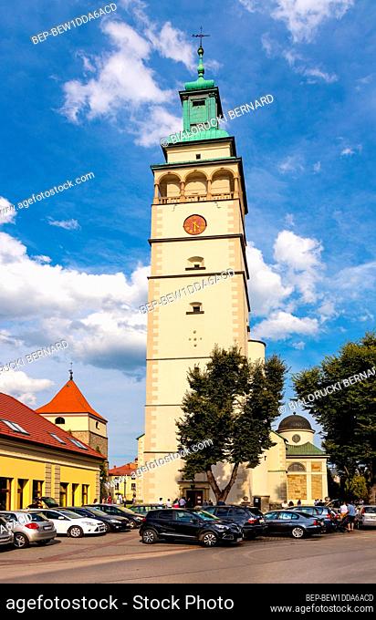 Zywiec, Poland - August 30, 2020: Main tower of Cathedral of Nativity of Blessed Virgin Mary in Zywiec historic city center in Silesia region of Poland