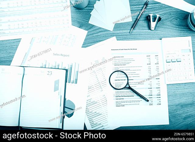 Office table. Desk office financial accounting graphs analysis