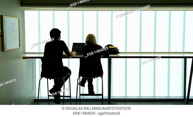 Two students study at the Langara College library building, Vancouver, BC, Canada