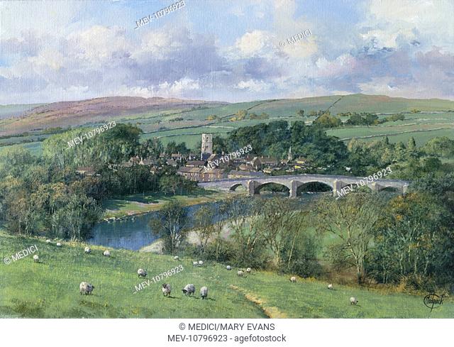 'Burnsall, Yorkshire' – small town in Yorkshire, sheep in the foreground, bridge spanning river surrounded by moors
