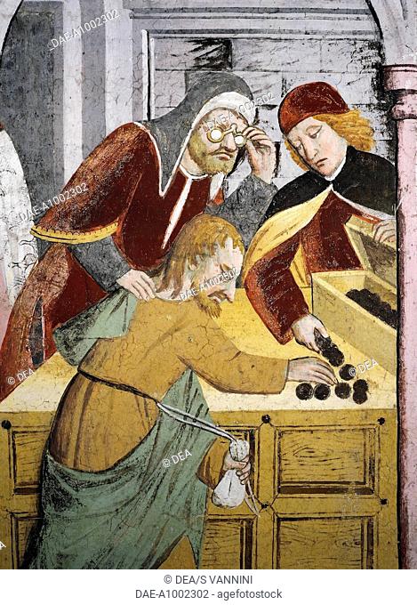 The pawnbroker, detail from Betrayal by Judas, fresco, by Giovanni Canavesio, 1491, in the Notre-Dame des Fontaines Chapel, La Brigue
