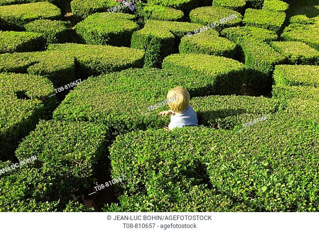 France, Ile de France, park of Breteuil castle: child playing in the hedge