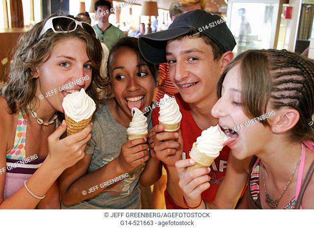 Lido Restaurant, female, male teen, ice cream cones. MS Noordam. Holland America Line. Puerto Rico, Atlantic Ocean