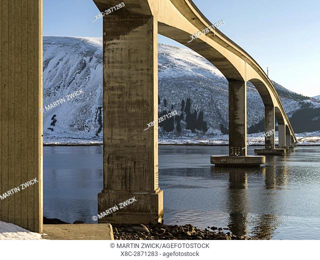 Bridge from Gimsoya to Austvagoya over Gimsoystraumen. The Lofoten islands in northern Norway during winter. Europe, Scandinavia, Norway, February