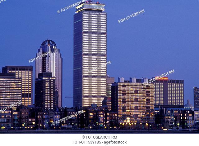skyline, Boston, MA, Massachusetts, The Prudential Tower and skyline of downtown Boston along the Charles River in the evening