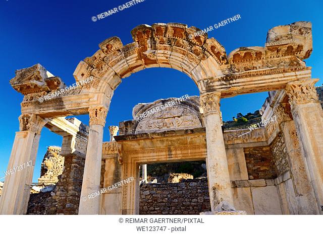 Ornate stone archway of the Temple of Hadrian in the ancient city of Ephesus Turkey