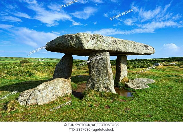 Lanyon Quoit is a megalithic burial dolmen from the Neolithic period, circa 4000 to 3000 BC, near Morvah on the Penwith peninsula, Cornwall, England