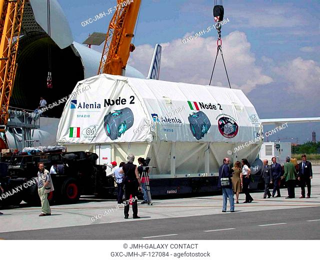 The International Space Station U.S. Node 2 module is brought to an Airbus Beluga heavy-lift aircraft. The aircraft departed May 30 from Turin
