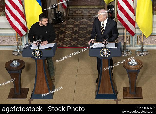 United States President Joe Biden and President Volodymyr Zelenskyy of Ukraine participate in a news conference in the Indian Treaty Room of the Eisenhower...
