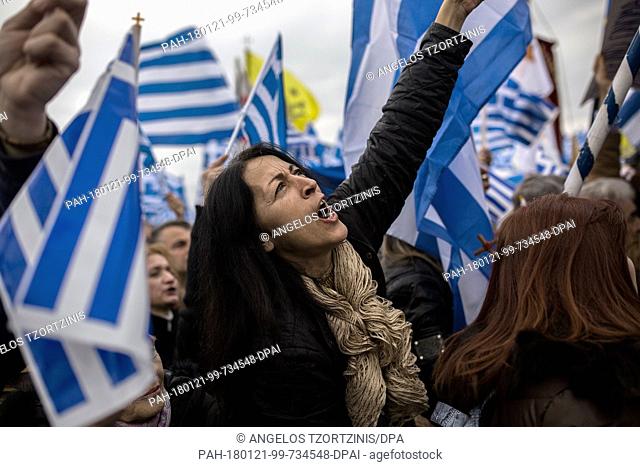 A woman protestor shouts a slogan in a demonstration to protest against the use of the name Macedonia following the developments on the issue with the neighbour...
