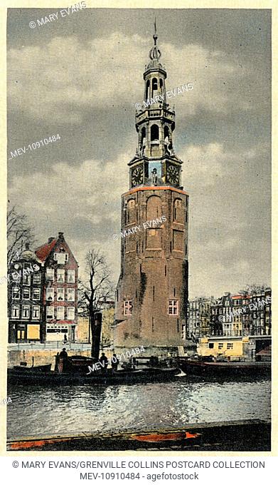 The Montelbaanstoren - a tower on bank of the Oudeschans Canal in Amsterdam, The Netherlands