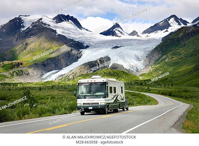 Richardson Highway Alaska winding its way up to Thompson Pass. In the background is the Worthington Glacier. USA