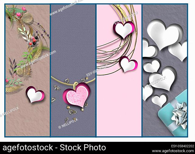 valentines day collage, hearts. Elegant set of cards with hearts. Valentines template, border, mock up. place for text. 3d illustration