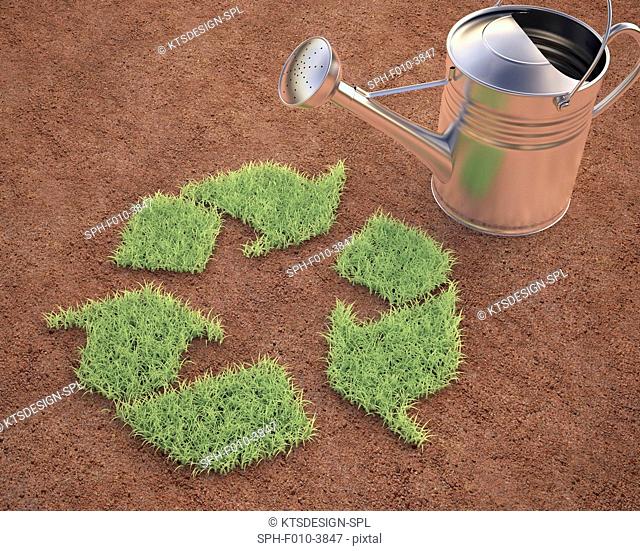 Recycling symbol and watering can, conceptual artwork