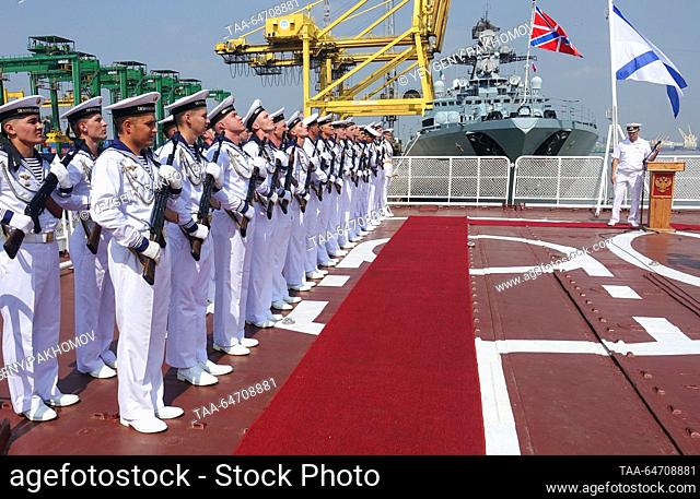 BANGLADESH, CHITTAGONG - NOVEMBER 12, 2023: Russian marines stand in formation on board the Russian destroyer Admiral Tributs of the Russian Navy's Pacific...