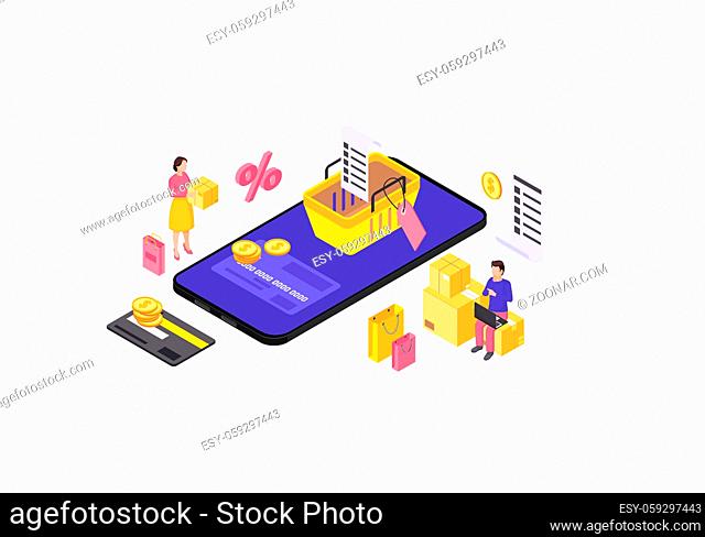 Online mobile shopping app isometric color vector illustration. Sales, discounts, special offers infographic. E-payment. Shopping smartphone application 3d...
