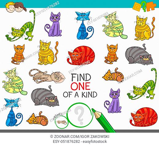 Cartoon Illustration of Find One of a Kind Educational Activity Game for Children with Funny Cat Characters