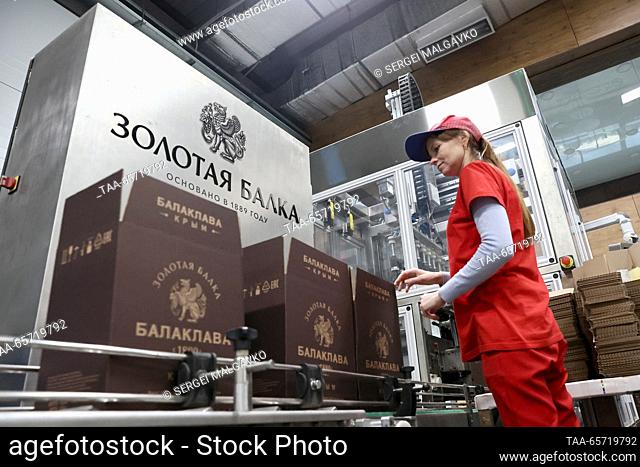 RUSSIA, SEVASTOPOL - DECEMBER 13, 2023: A worker boxing bottles of sparkling wine at the Shampaneria winery run by the Zolotaya Balka company
