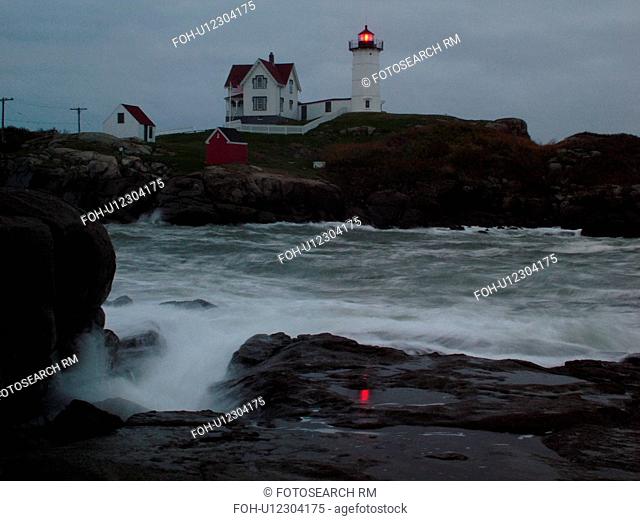 York Beach, ME, Maine, Cape Neddick Nubble Light, Lighthouse, morning, dawn