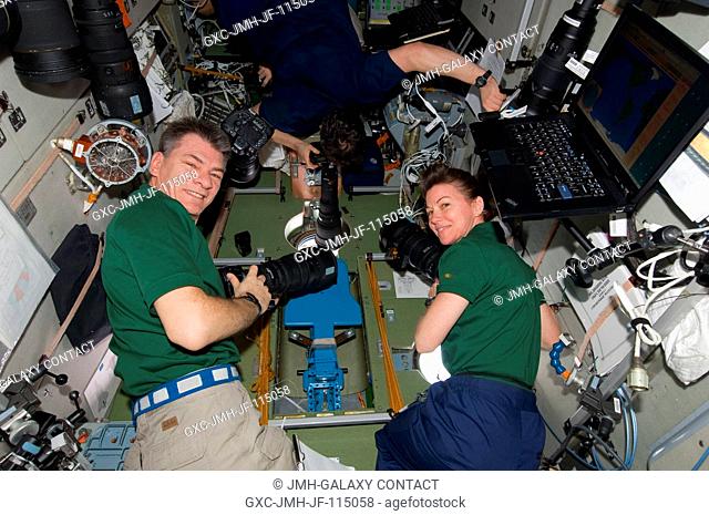 NASA astronaut Catherine (Cady) Coleman and European Space Agency astronaut Paolo Nespoli, both Expedition 26 flight engineers