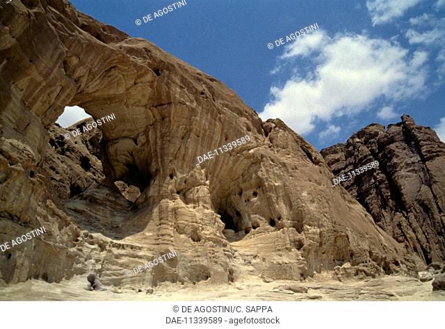 Eroded formations in a rocky wall, Timna Park, Negev Desert, Israel