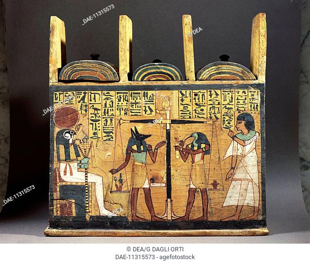 Egyptian civilization, New Kingdom. Painted wood shabti box depicting the weighing of the soul, 1000 b.C.  Paris, Musée Du Louvre