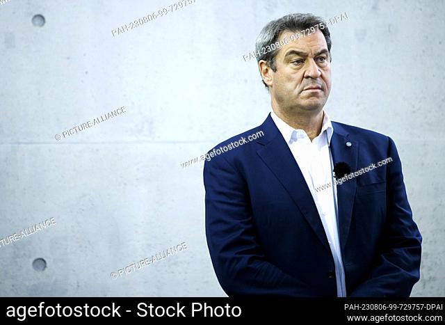 06 August 2023, Berlin: Markus Söder (CSU), federal chairman of his party, is about to record for the ARD summer interview on the terrace of the...