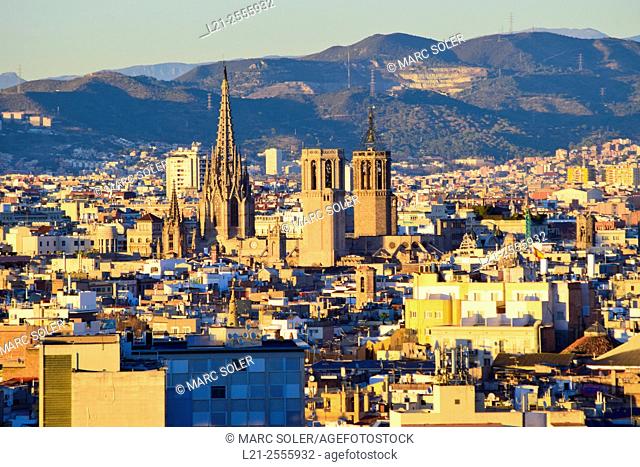 Urban landscape, cityscape, The Cathedral of the Holy Cross and Saint Eulalia, also known as Barcelona Cathedral. Gothic cathedral and seat of the Archbishop of...