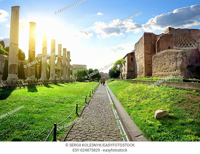 Road to Roman Forum from Colosseum in Rome, Italy