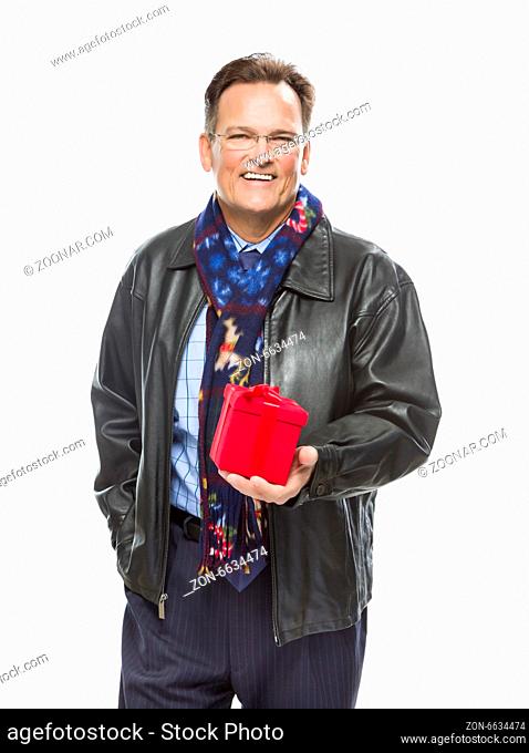 Handsome Man Wearing Black Leather Jacket and Holiday Scarf Holding Christmas Gift Isolated on White Background