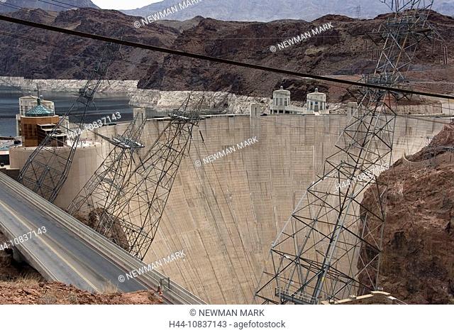 Hoover Dam, Arizona-Nevada border, USA, America, United States, North America, power plant, industry, power lines, ele