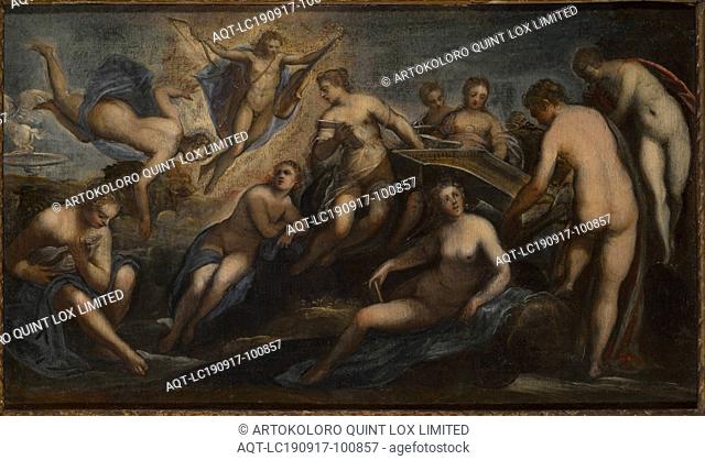 Apollo and the Muses, Domenico Tintoretto (Italian, 1560-1635), oil on canvas, 21-3/4 x 36-3/4 in. (canvas) approximately 30-1/2 x 44-1/2 x 3 in