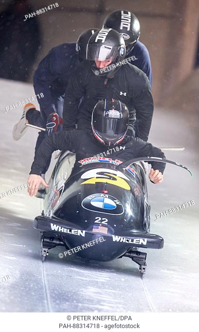 Bobsleigh athlete Nick Cunningham and his team (USA) in action at the Bobsleigh and Skeleton World Championships 2017 in Schoenau am Koenigssee in Germany