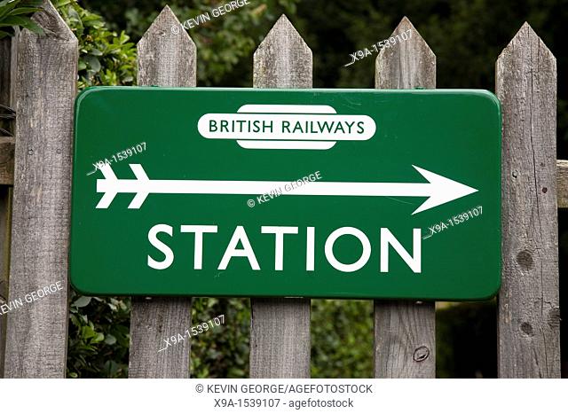 Green Bristish Railways Station Sign at Corfe Castle, Swanage Steam Railway, Dorset, England, UK