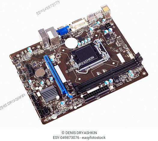 Computer motherboard isolated on white background without CPU cooler