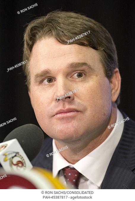 Jay Gruden makes remarks as he is introduced as the new head coach of the Washington Redskins at a press conference at Redskins Park in Ashburn, Virginia, USA