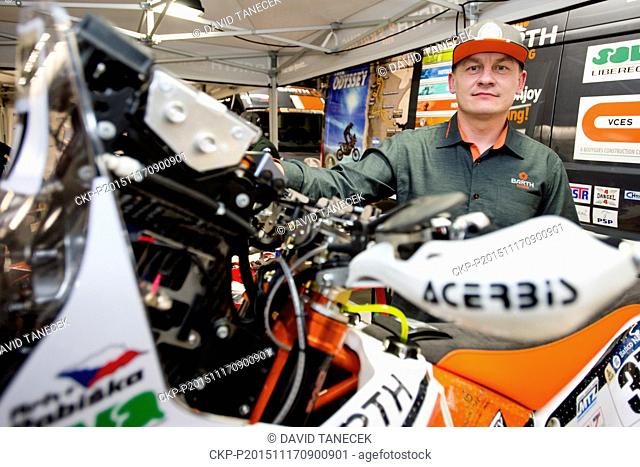 Press conference of Barth racing team before Rallye Dakar took place in Pardubice, Czech Republic, on November 17, 2015. Pictured motorbike rider David Pabiska