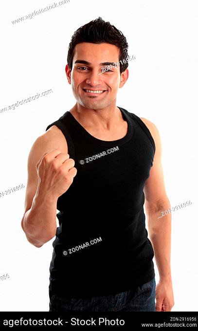 Smiling male builder, fitness instructor or other labourer with a victory fist success. White background