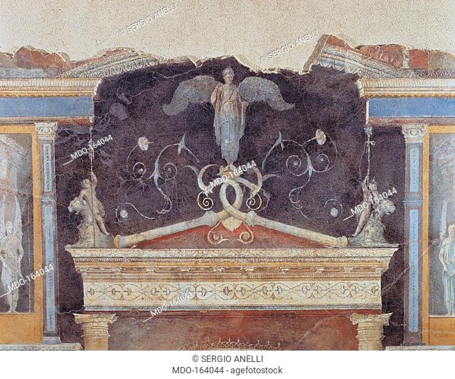 Aedicule surmounted by a winged female figure between cupids riding two panthers, by Unknown artist, 25, 1st Century, mural