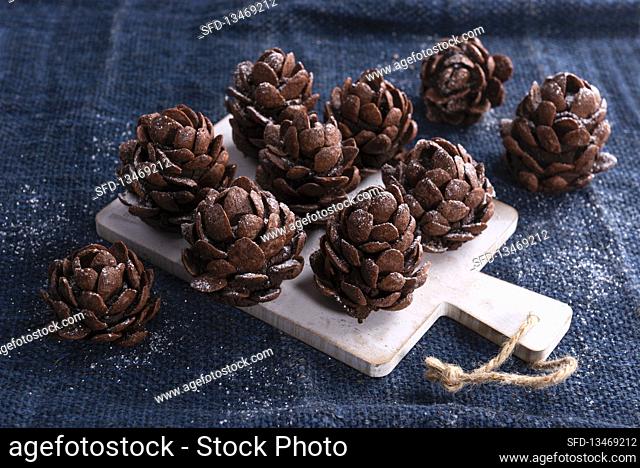 Vegan pine cones made from chocolate cakepop and chocolate cornflakes