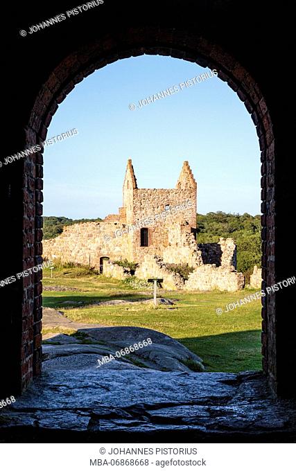 The former entrance to the inner part of the Hammershus castle ruin (13th century), seen from the residential tower, Europe, Denmark, Bornholm