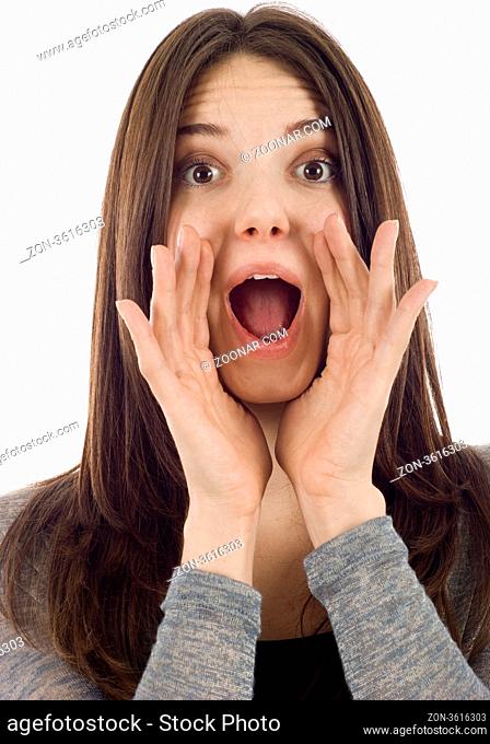 Closeup of a woman screaming isolated over white