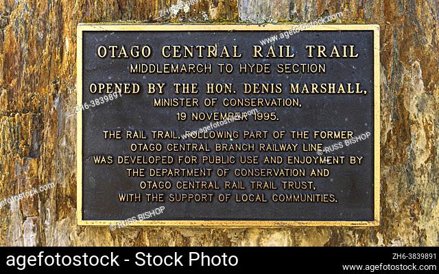 Historic plaque at the start of the Otago Central Rail Trail, Middlemarch, Otago, South Island, New Zealand