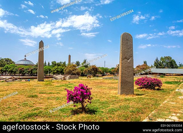 Ancient monolith stone obelisk, symbol of the old Aksumite civilization in city Aksum, Ethiopia. UNESCO World Heritage site